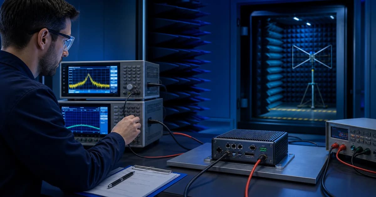 Endüstriyel elektronik ürün için EMC ve elektriksel güvenlik testi gerçekleştiren mühendis