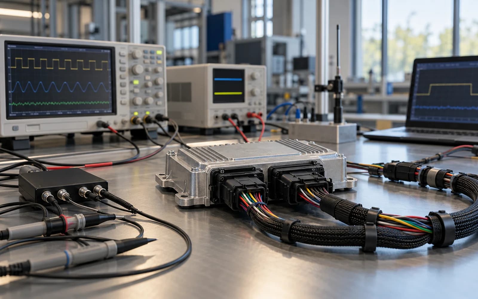 Temsili otomotiv elektroniği test tezgâhı: kontrol modülü, kablo demeti ve ölçüm ekipmanı